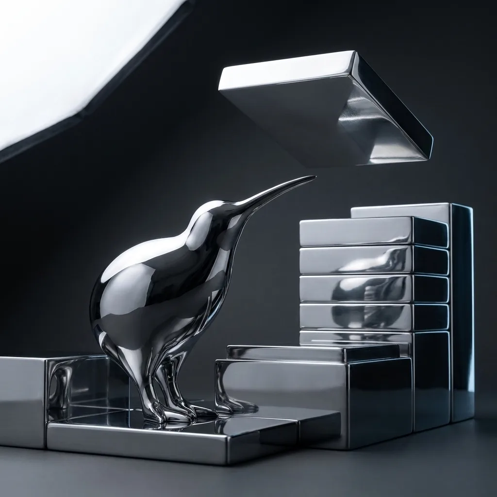 Chrome kiwi standing among half-stacked chrome slabs, one slab hovering into place above it