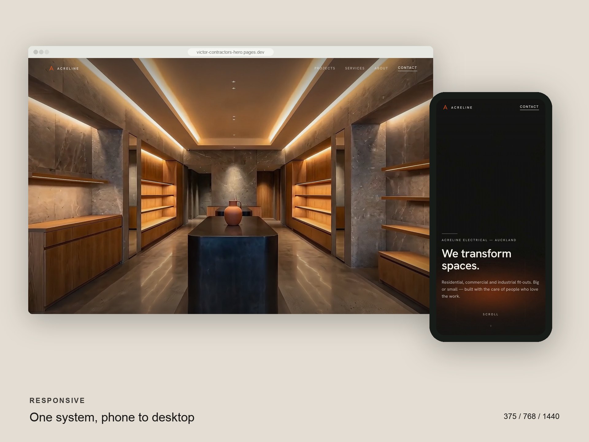 Acreline homepage on desktop and on a phone