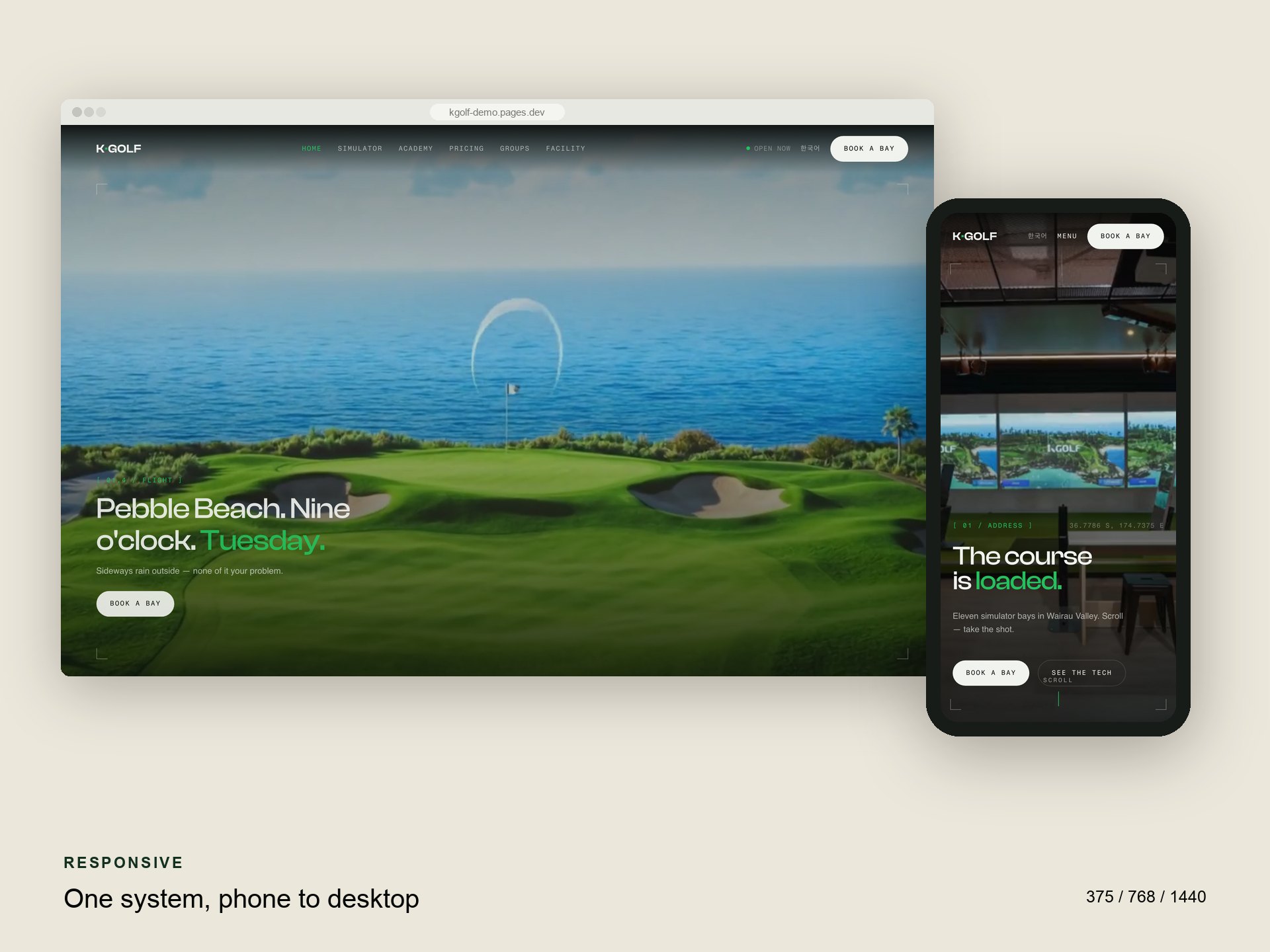 K Golf homepage on desktop and on a phone