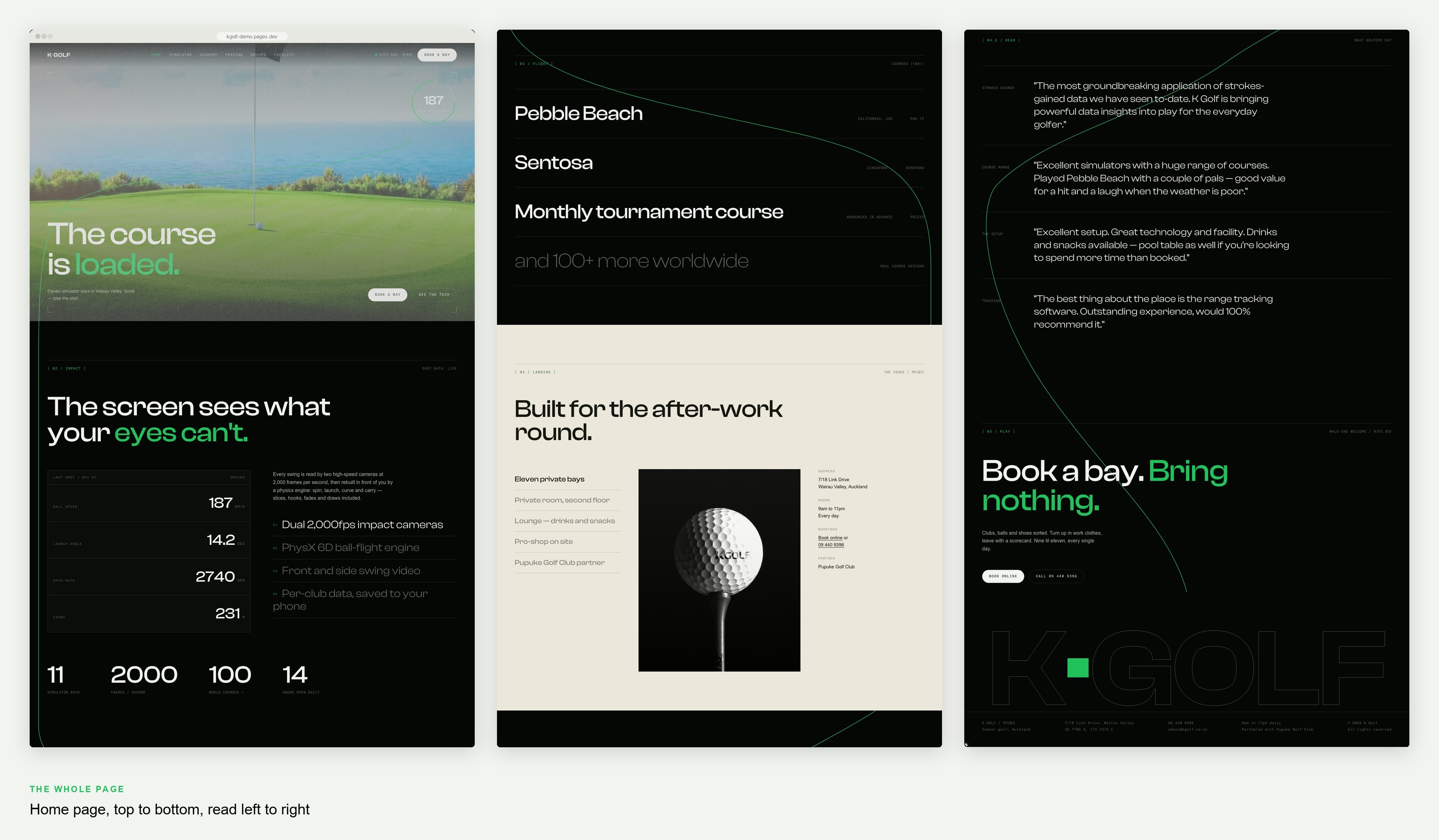 The whole K Golf homepage, top to bottom, in three columns