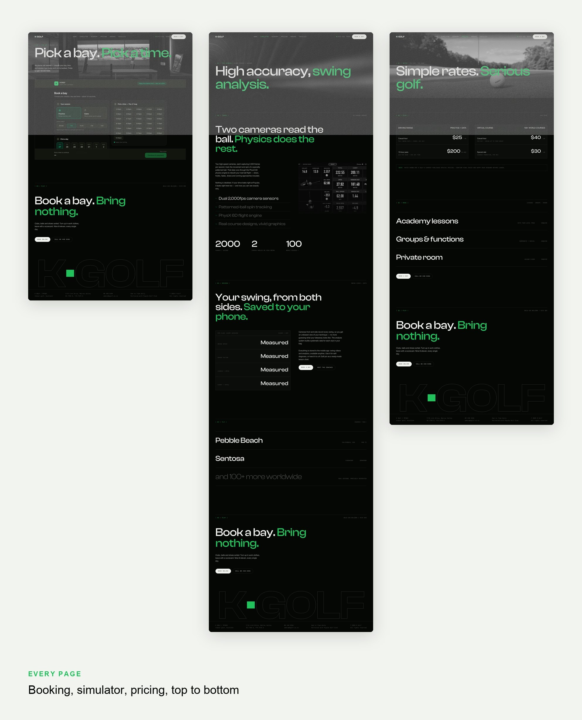 K Golf booking, simulator and pricing pages, top to bottom