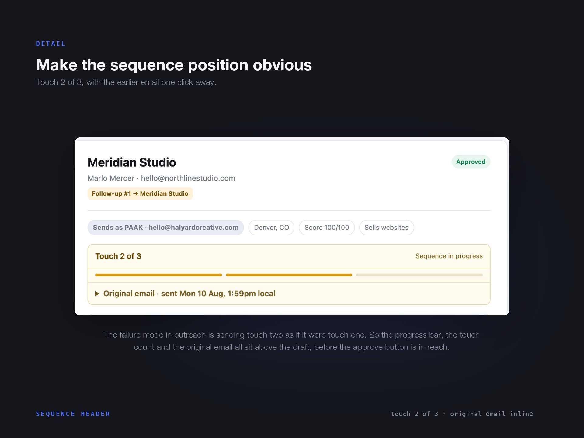 Mailroom sequence header: touch 2 of 3, original email inline