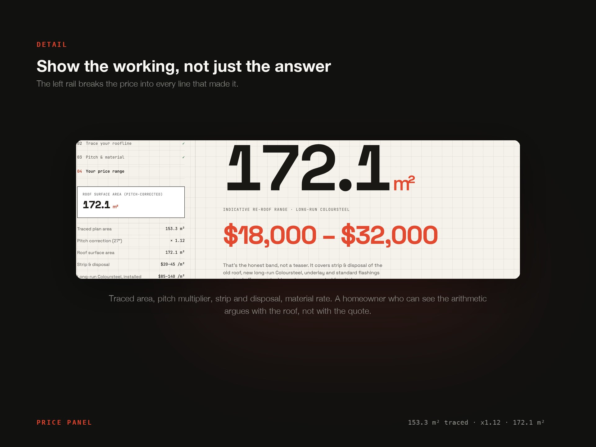 Roof Estimator price panel: traced area, pitch, the range