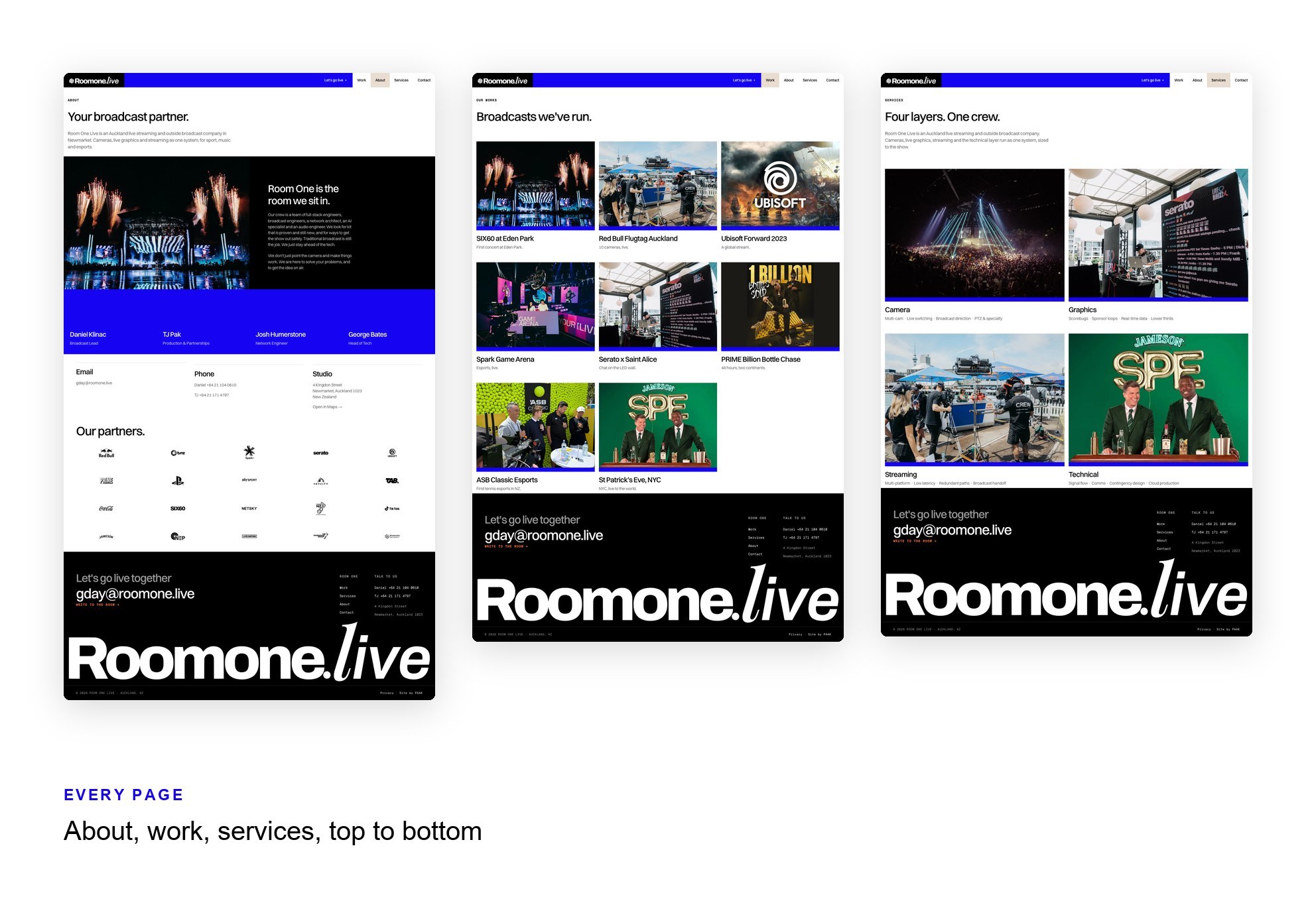 Room One Live About, Work and Services pages, top to bottom