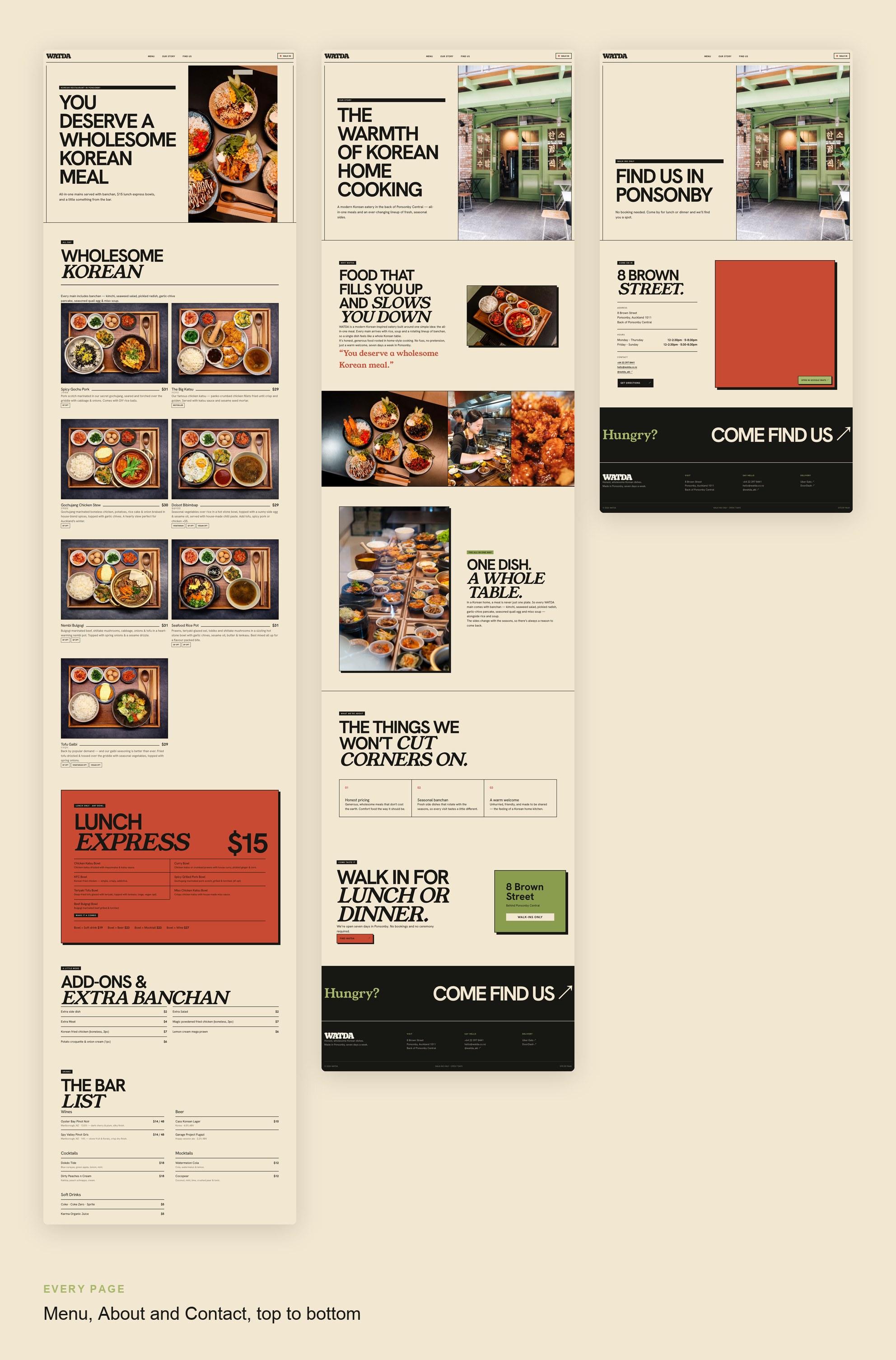 WATDA Menu, About and Contact pages, top to bottom