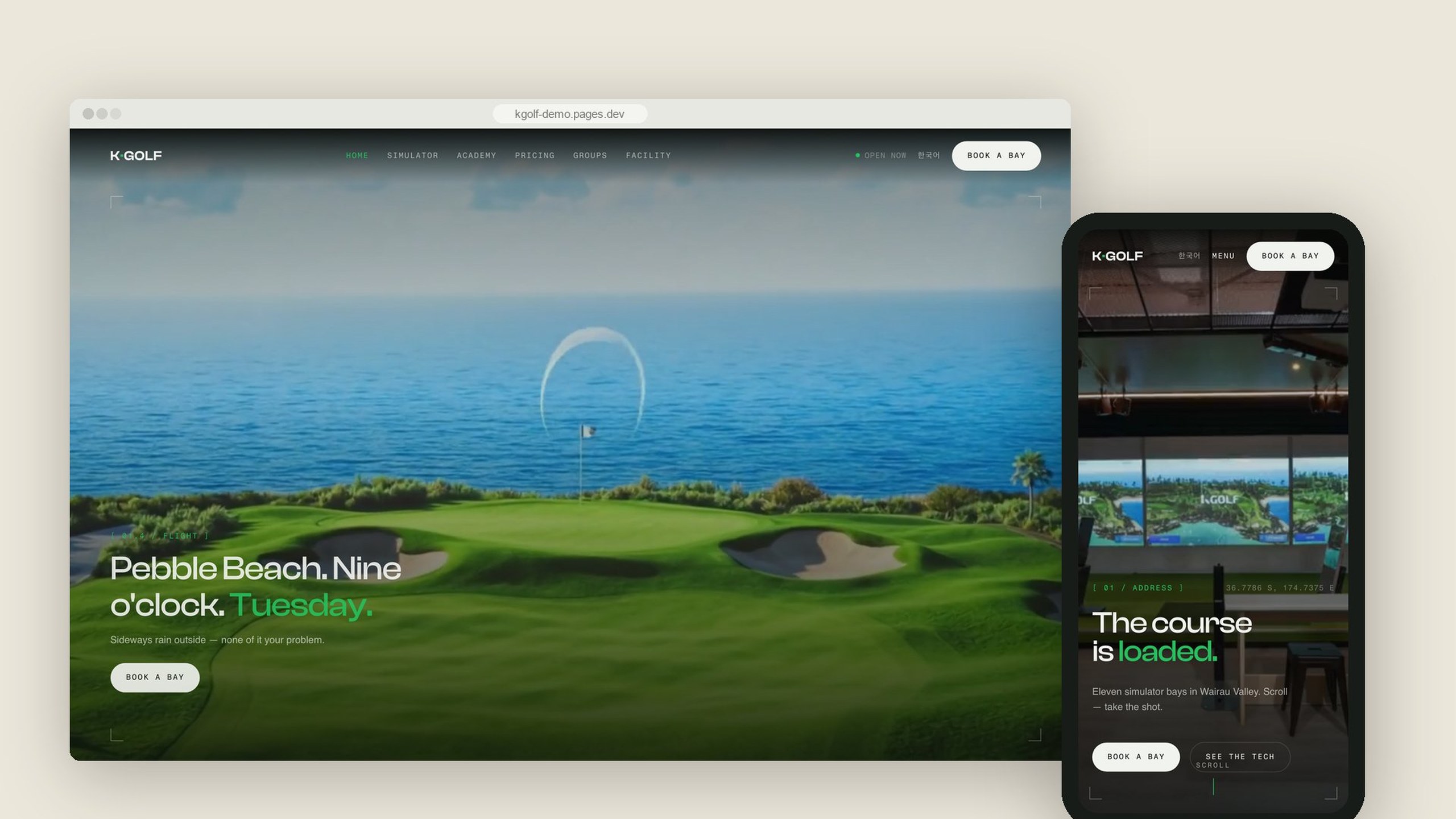 K Golf homepage on desktop and on a phone