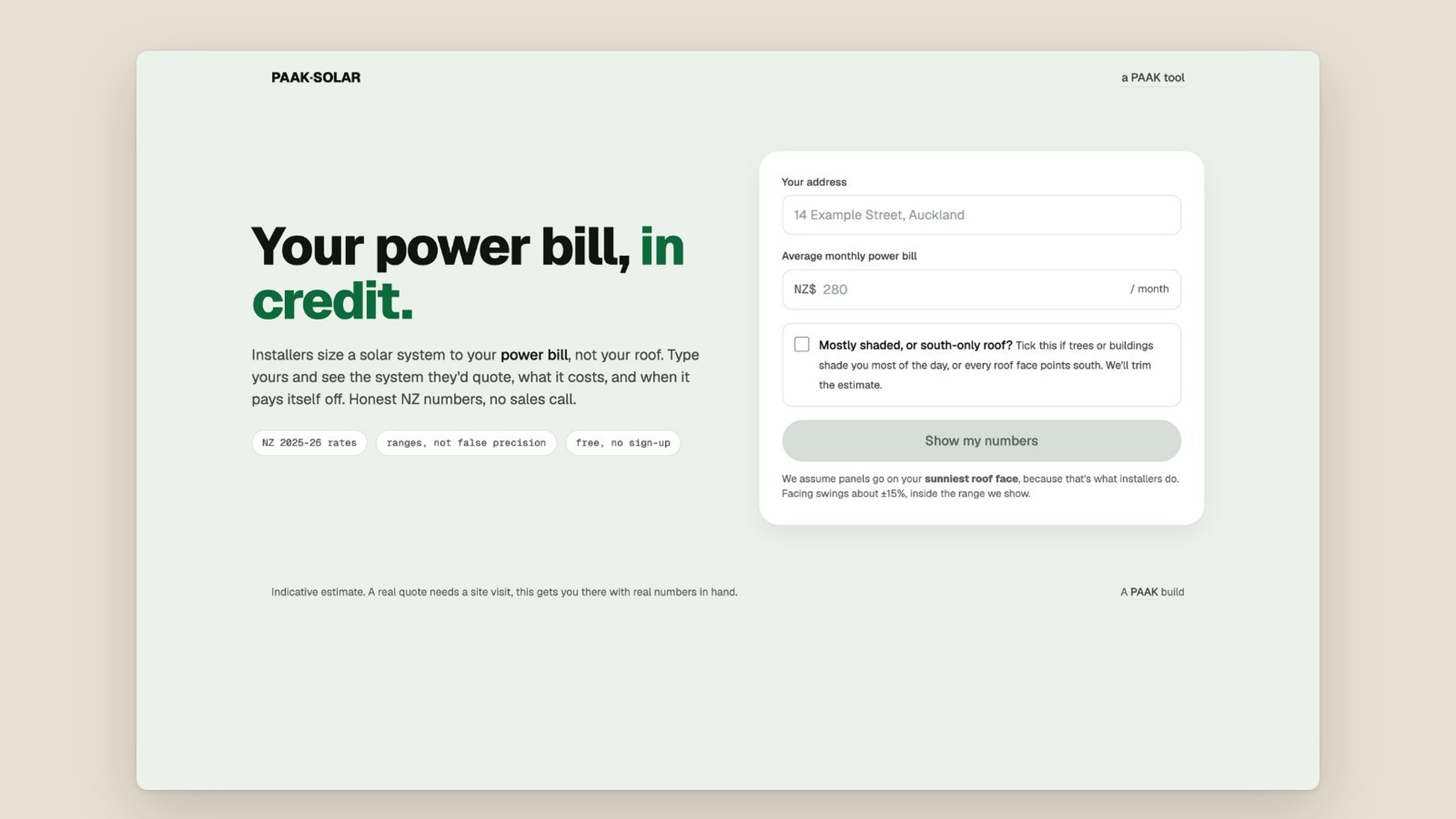 The Solar Estimator: a single field asking for the average monthly power bill